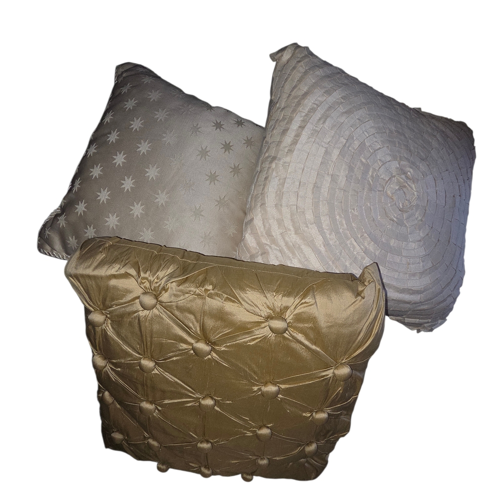 Set of Three Decorative Throw Pillows in Neutral Tones / White And Gold